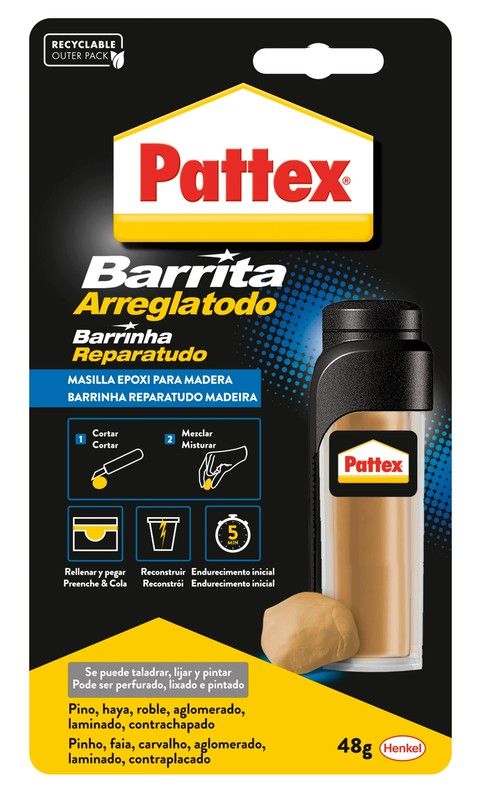 Pattex Barrita Arreglatodo Especial Madera Bl 48 Gr,Restaura, Reconstruye, Pega Y Rellena Todos Los Objetos De Madera Del Hogar. Especialmente Indicada Para La Reconstrucción Y Reparación De Muebles.