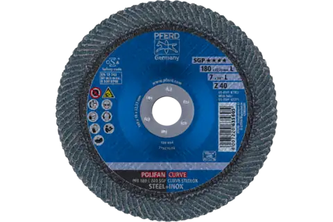 PFERD Disco de láminas lijadoras POLIFAN corindón de circonio G40 SGP CURVE STEELOX