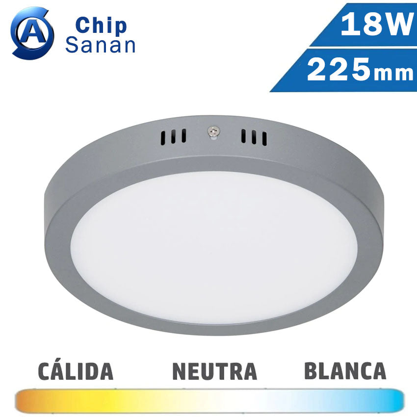 Plafón LED Superficie Plata 18W 225mm Chip Sanan