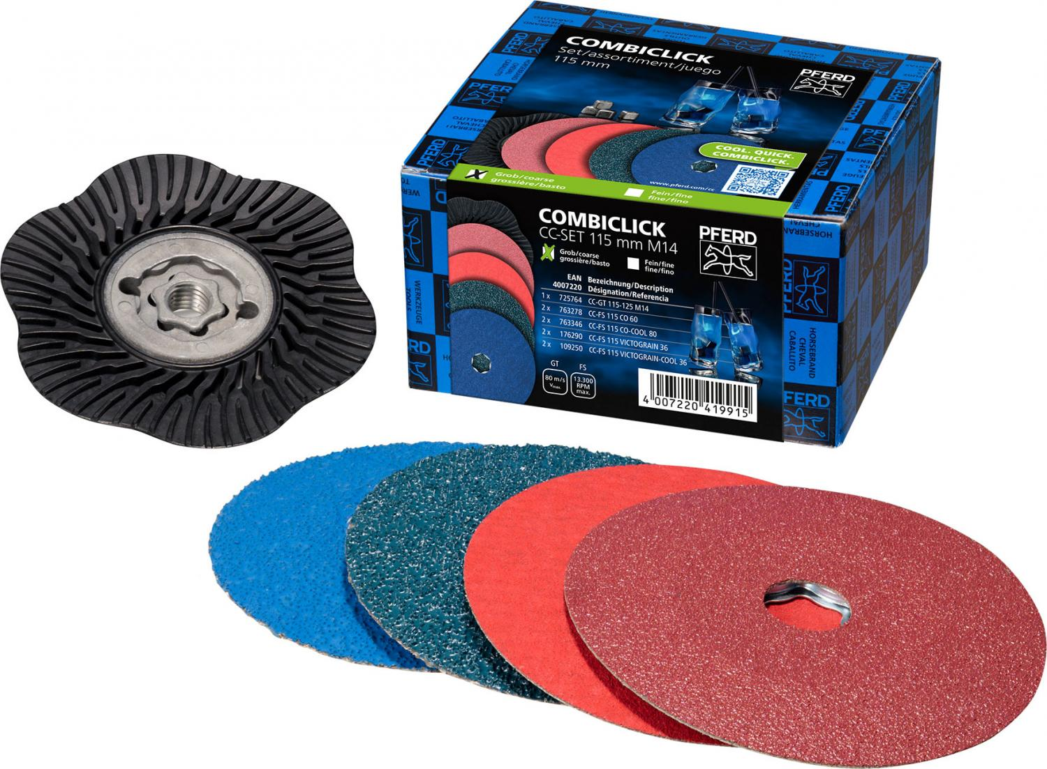 PEFERD, Juego COMBICLICK de 7 piezas Ø 115 mm M14, LIJADO BASTO