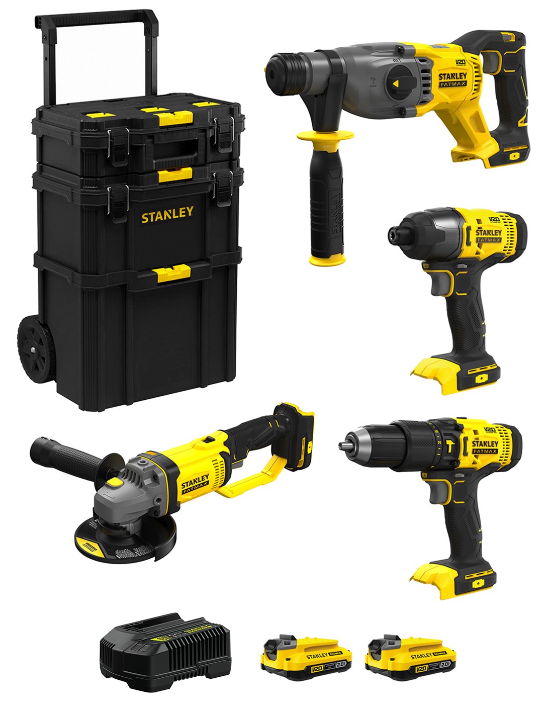 STANLEY FatMax Kit SVK400 (SFMCH900  + SFMCG400  + SFMCD711 + SFMCF800 + 2 x 2,0 Ah + Cargador + Carro 3en1)