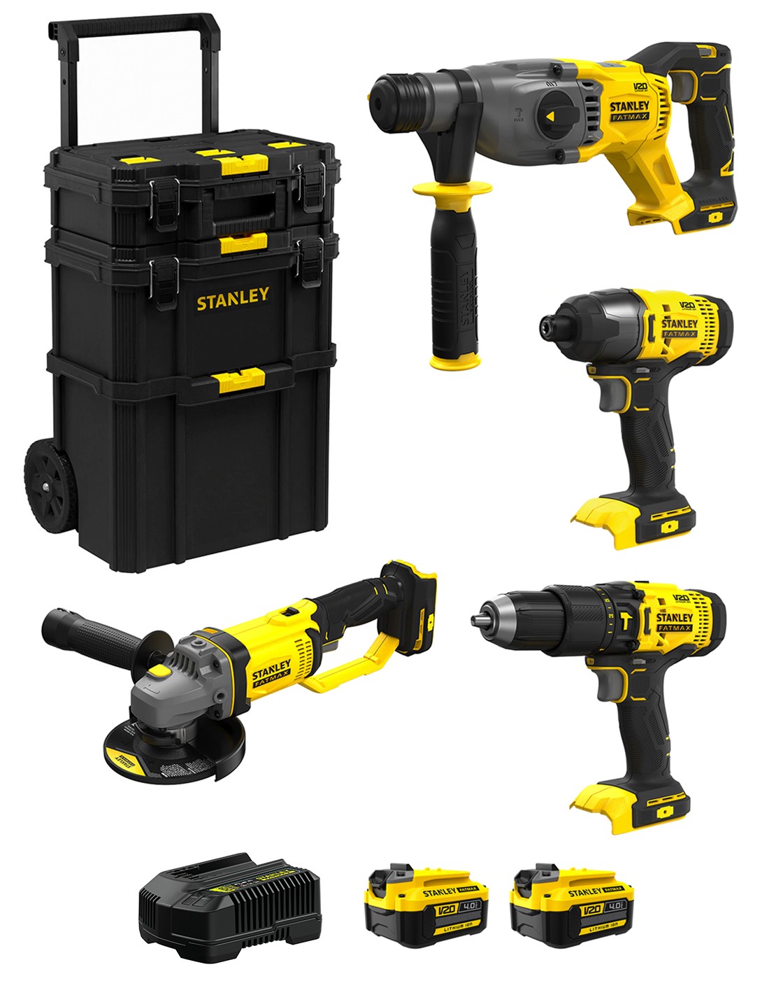 STANLEY FatMax Kit SVK401 (SFMCH900  + SFMCG400  + SFMCD711 + SFMCF800 + 2 x 4,0 Ah + Cargador + Carro 3en1)