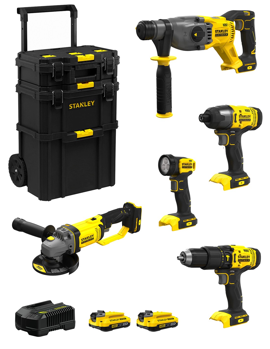 STANLEY FatMax Kit SVK500 (SFMCH900  + SFMCG400  + SFMCD711 + SFMCF800 + SFMCL020 + 2 x 2,0 Ah + Cargador + Carro 3en1)