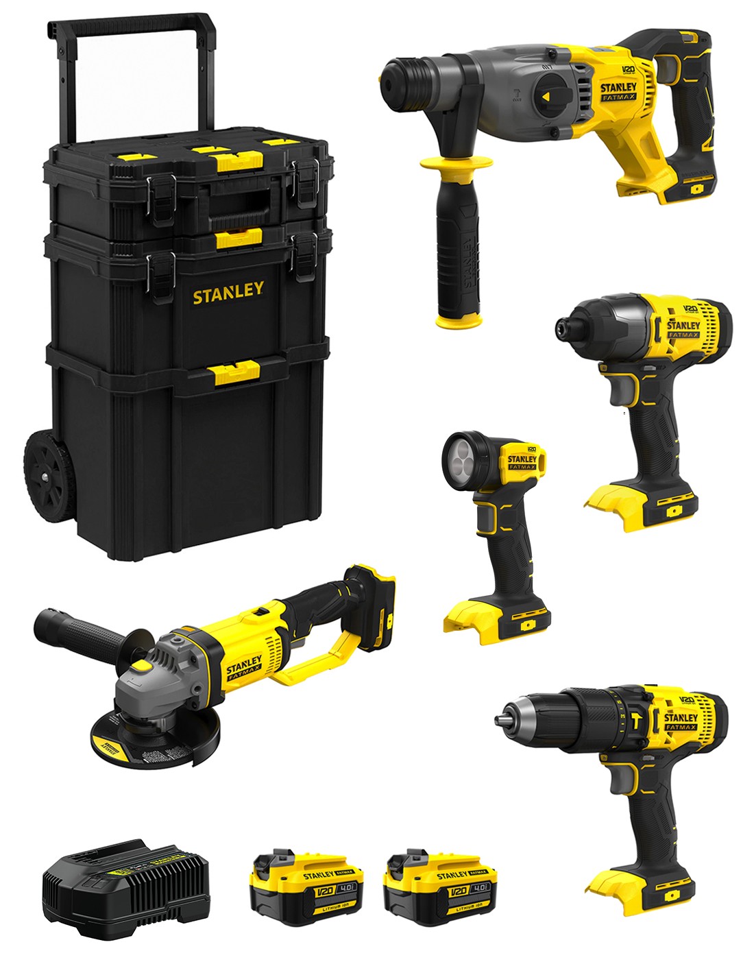 STANLEY FatMax Kit SVK501 (SFMCH900  + SFMCG400  + SFMCD711 + SFMCF800 + SFMCL020 + 2 x 4,0 Ah + Cargador + Carro 3en1)