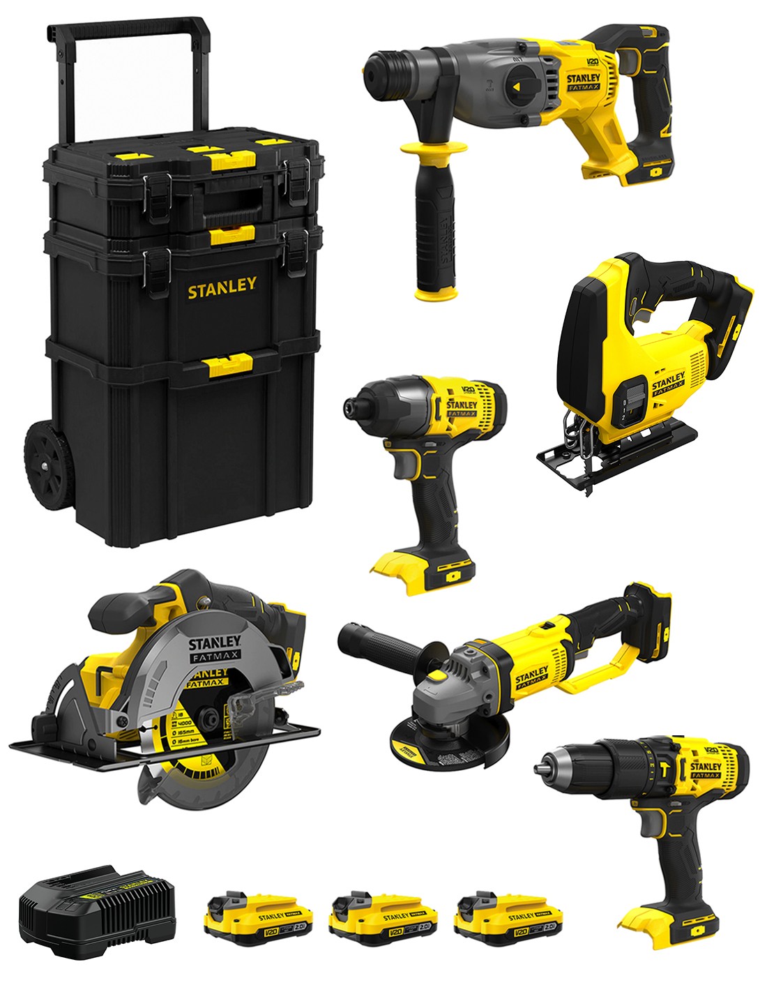 STANLEY FatMax Kit SVK600 (SFMCH900 + SFMCG400 + SFMCD711 + SFMCF800 + SFMCS500 + SFMCS600 + 3 x 2,0 Ah + Cargador + Carro 3en1)