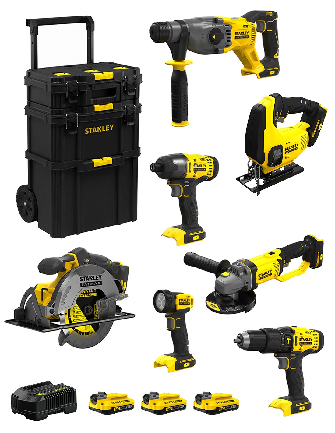 STANLEY FatMax Kit SVK700 (SFMCH900 + SFMCG400 + SFMCD711 + SFMCF800 + SFMCS500 + SFMCS600 + SFMCL020 +3x2,0Ah +Cargador +Carro)