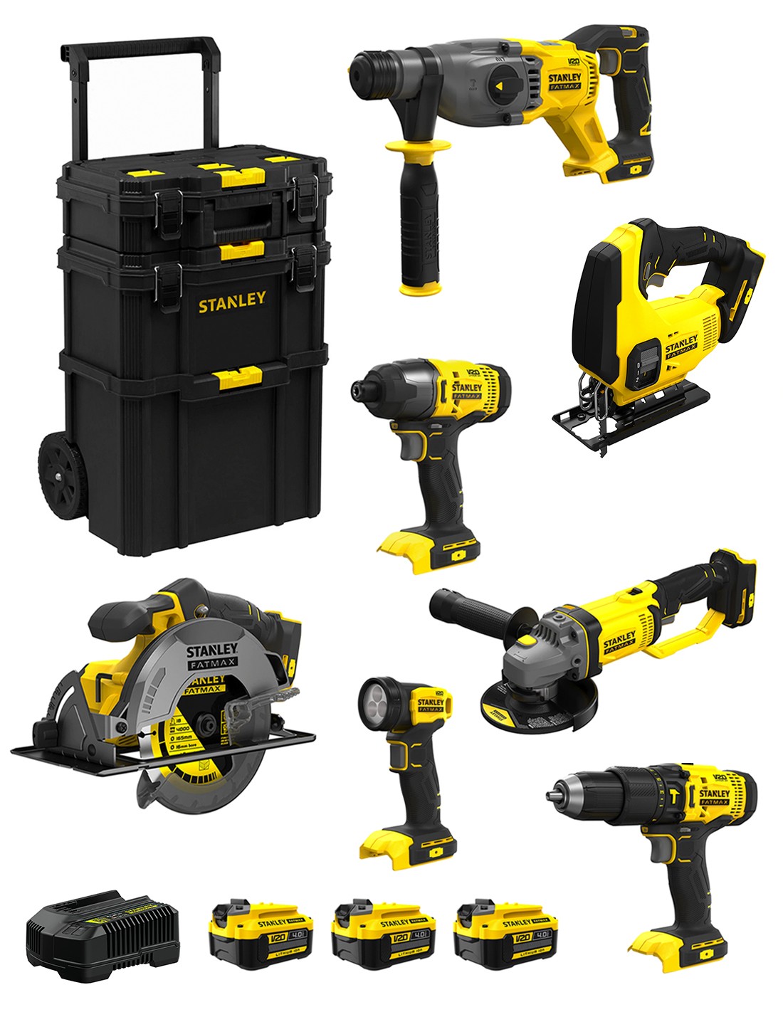 STANLEY FatMax Kit SVK701 (SFMCH900 + SFMCG400 + SFMCD711 + SFMCF800 + SFMCS500 + SFMCS600 + SFMCL020 +3x4,0Ah +Cargador +Carro)