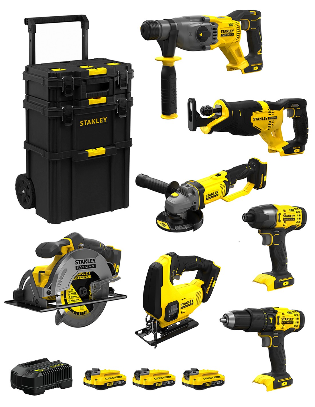 STANLEY FatMax Kit SVK702 (SFMCH900 + SFMCG400 + SFMCD711 + SFMCF800 + SFMCS500 + SFMCS600 + SFMCS300 +3x2,0Ah +Cargador +Carro)