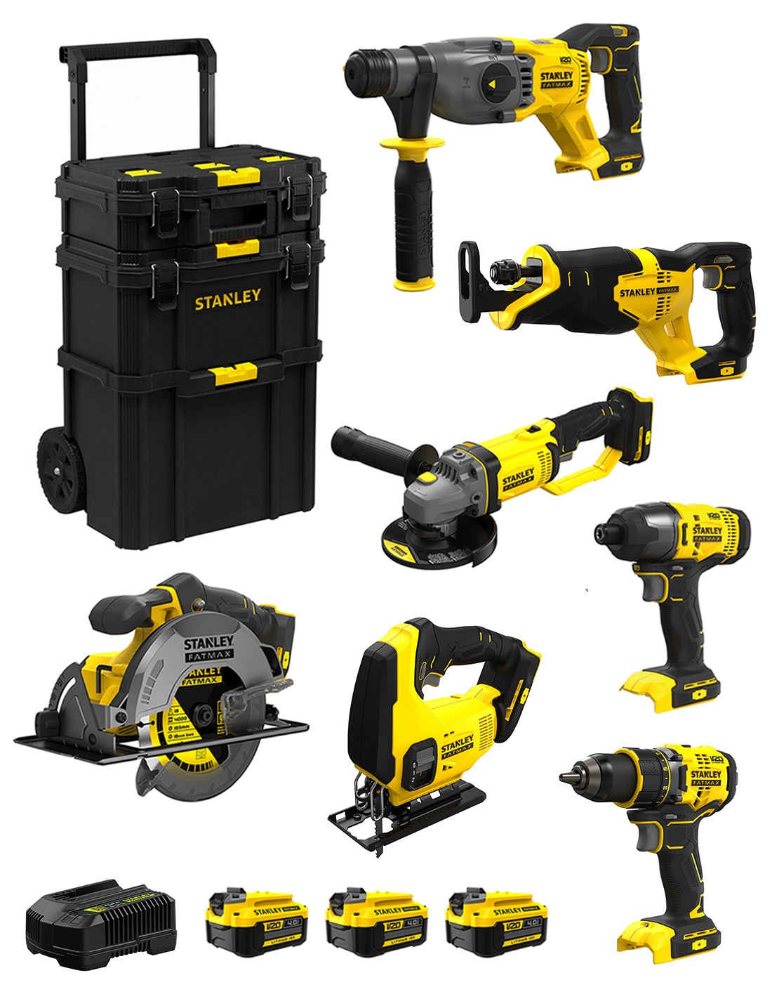 STANLEY FatMax Kit SVK705 (SFMCH900 + SFMCG400 + SFMCD720 + SFMCF800 + SFMCS500 + SFMCS600 + SFMCS300 +3x4,0Ah +Cargador +Carro)