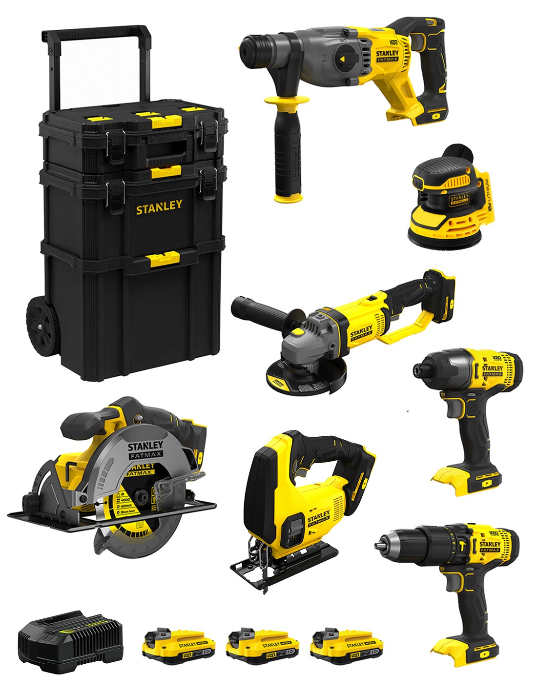 STANLEY FatMax Kit SVK706 (SFMCH900 + SFMCG400 + SFMCD711 + SFMCF800 + SFMCS500 + SFMCS600 + SFMCW220 +3x2,0Ah +Cargador +Carro)
