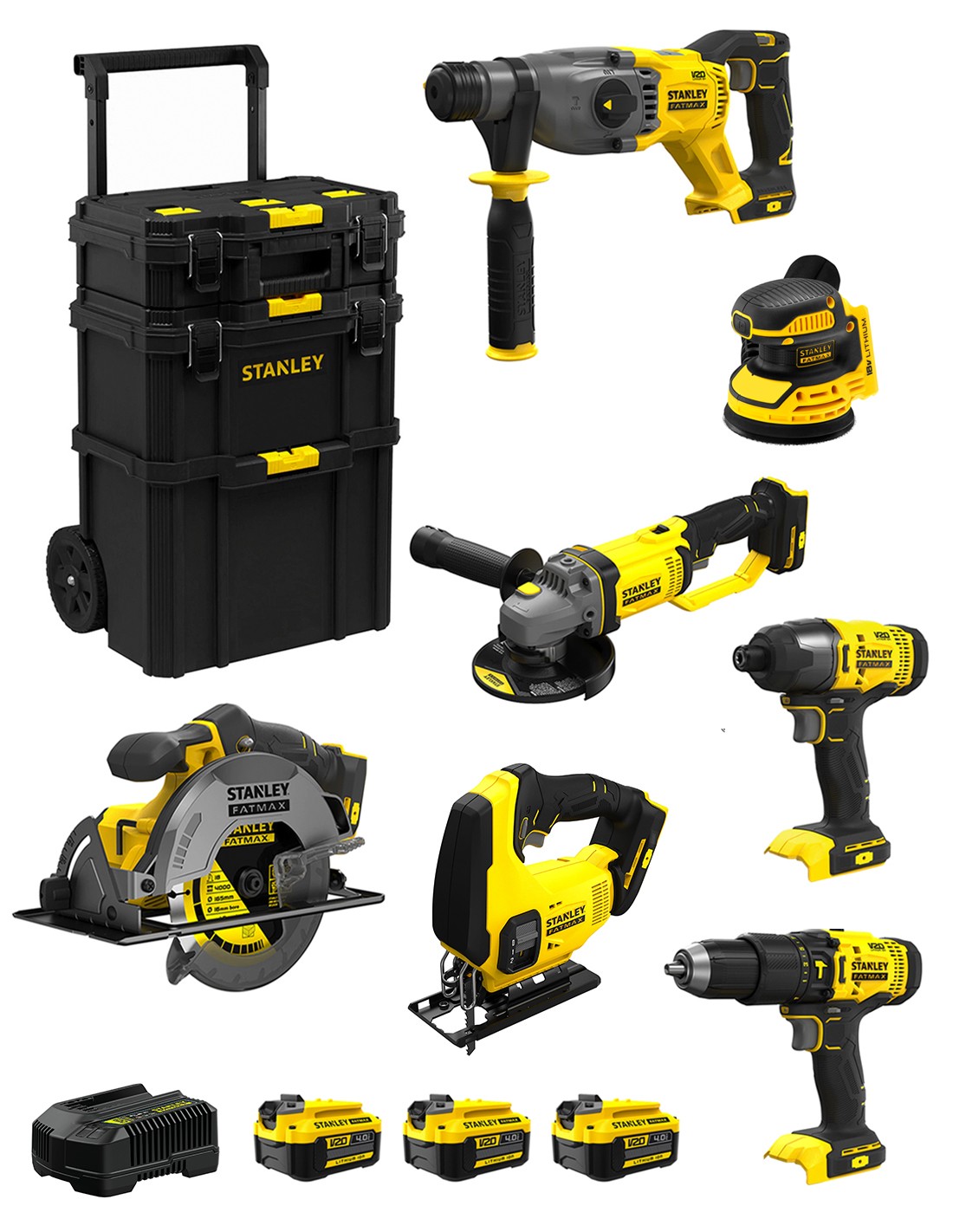 STANLEY FatMax Kit SVK707 (SFMCH900 + SFMCG400 + SFMCD711 + SFMCF800 + SFMCS500 + SFMCS600 + SFMCW220 +3x4,0Ah +Cargador +Carro)