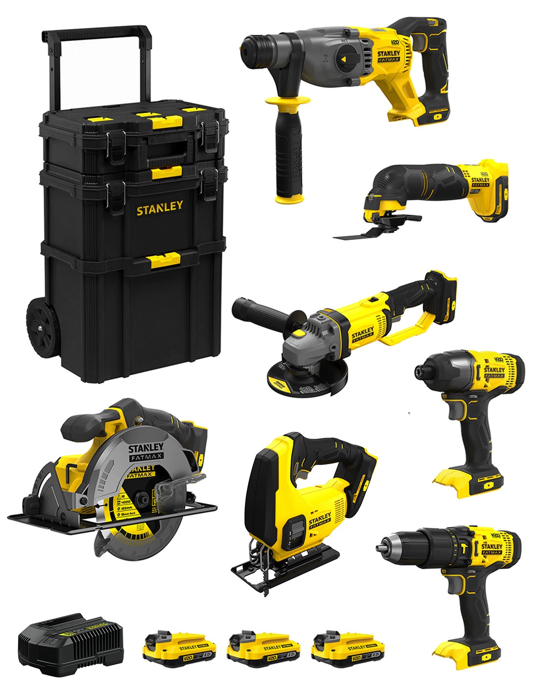 STANLEY FatMax Kit SVK708 (SFMCH900 + SFMCG400 + SFMCD711 + SFMCF800 + SFMCS500 + SFMCS600 + SFMCE500 +3x2,0Ah +Cargador +Carro)