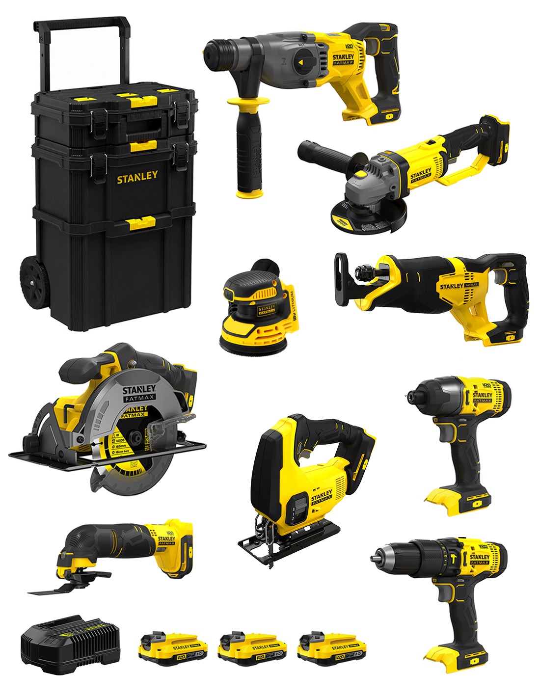 STANLEY FatMax Kit SVK900 (SFMCH900+SFMCG400+SFMCD711+SFMCF800+SFMCS500+SFMCS600+SFMCW220+SFMCS300+SFMCE500+ 3 x 2,0Ah + Carro)