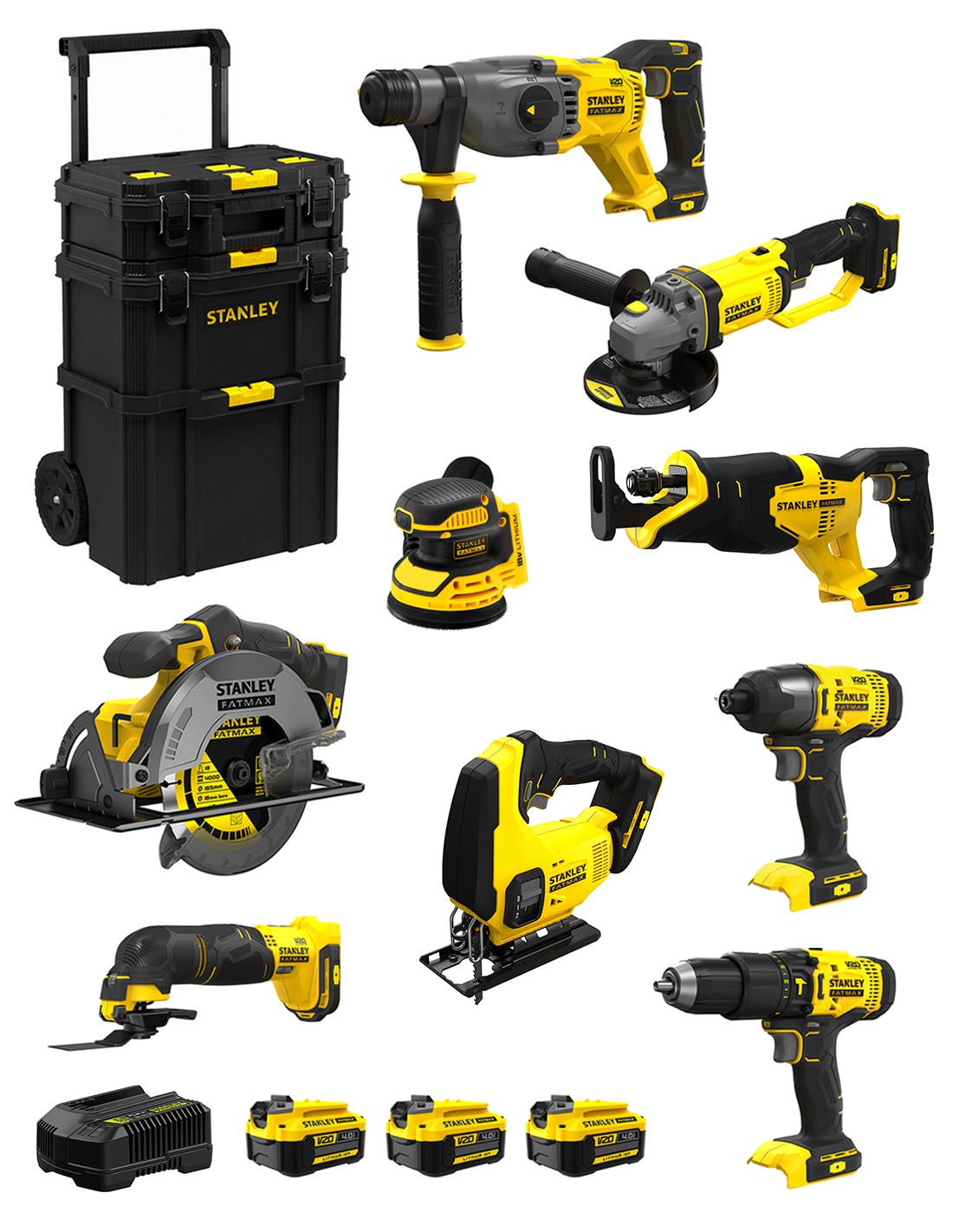 STANLEY FatMax Kit SVK901 (SFMCH900+SFMCG400+SFMCD711+SFMCF800+SFMCS500+SFMCS600+SFMCW220+SFMCS300+SFMCE500+ 3 x 4,0Ah + Carro)