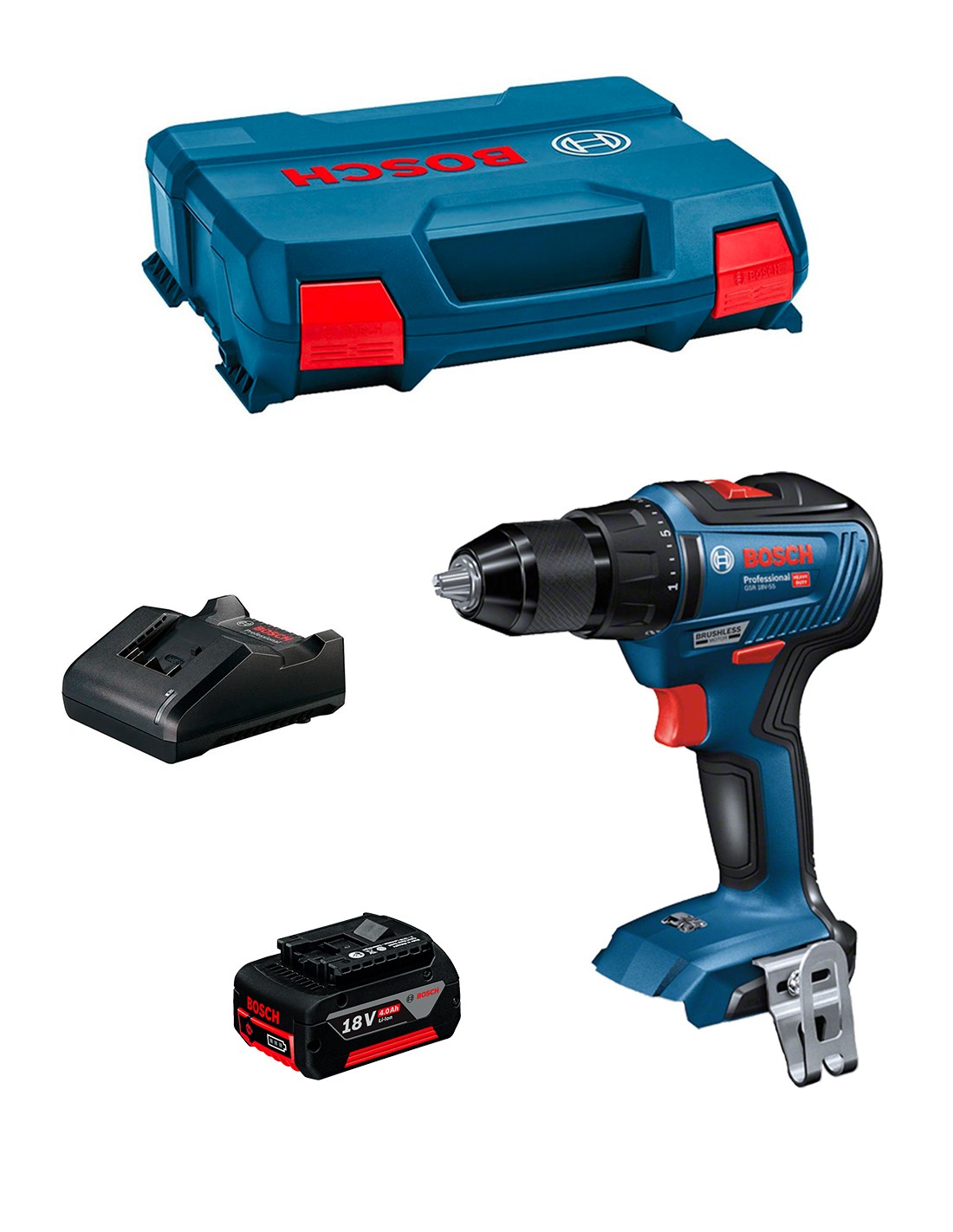 Taladro Atornillador BOSCH GSR 18V-55 (1 x 4,0 Ah + GAL18V-20 + L-Case)