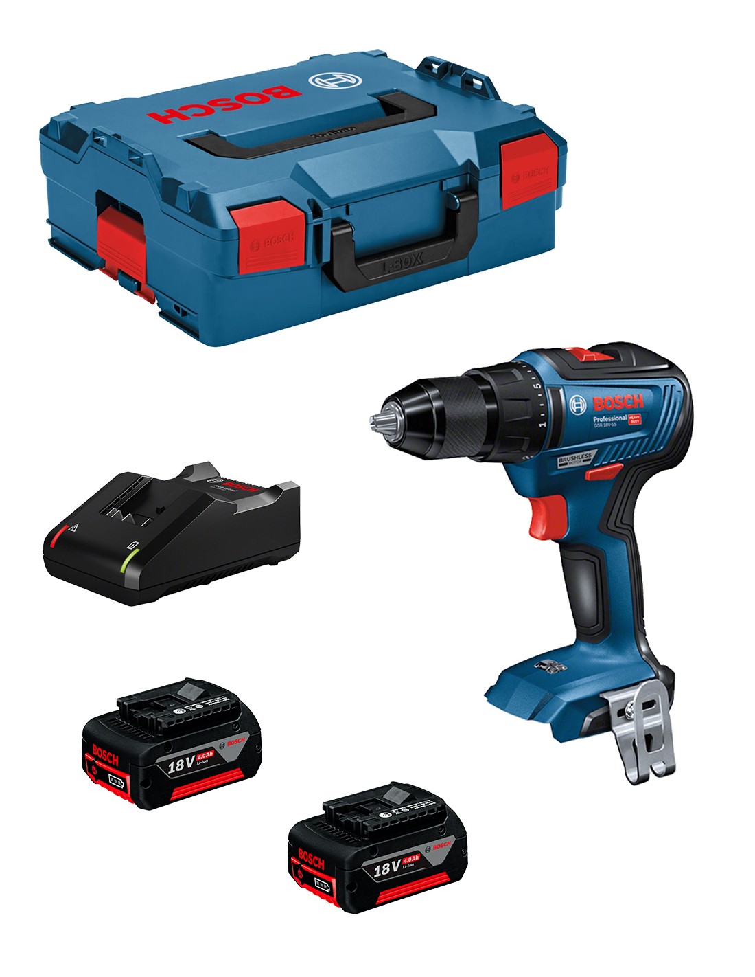 Taladro Atornillador BOSCH  GSR 18V-55 (2 x 4,0 Ah + GAL 18V-40  + L-Boxx 136)