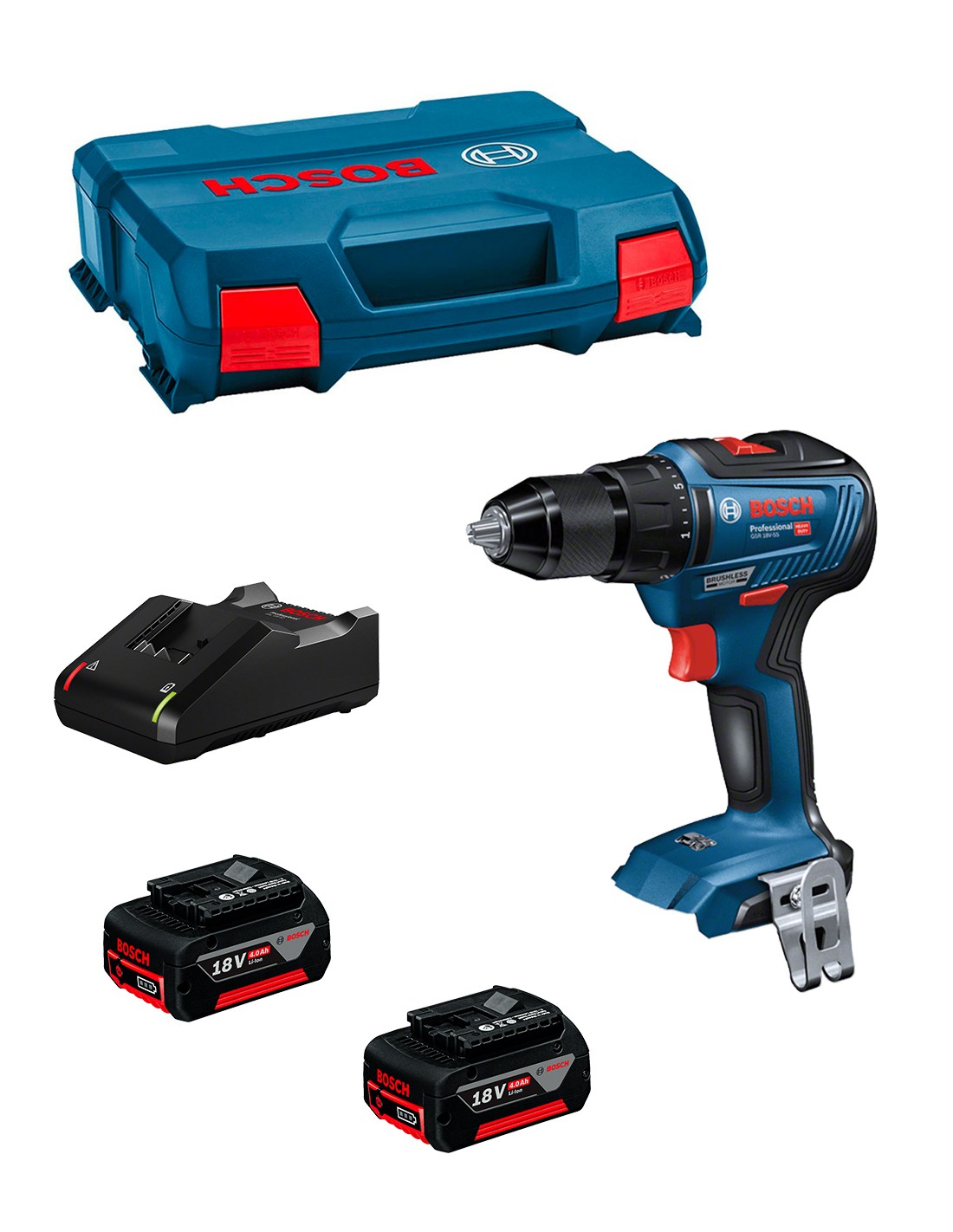 Taladro Atornillador BOSCH GSR 18V-55 (2 x 4,0 Ah + GAL18V-40 + L-Case)
