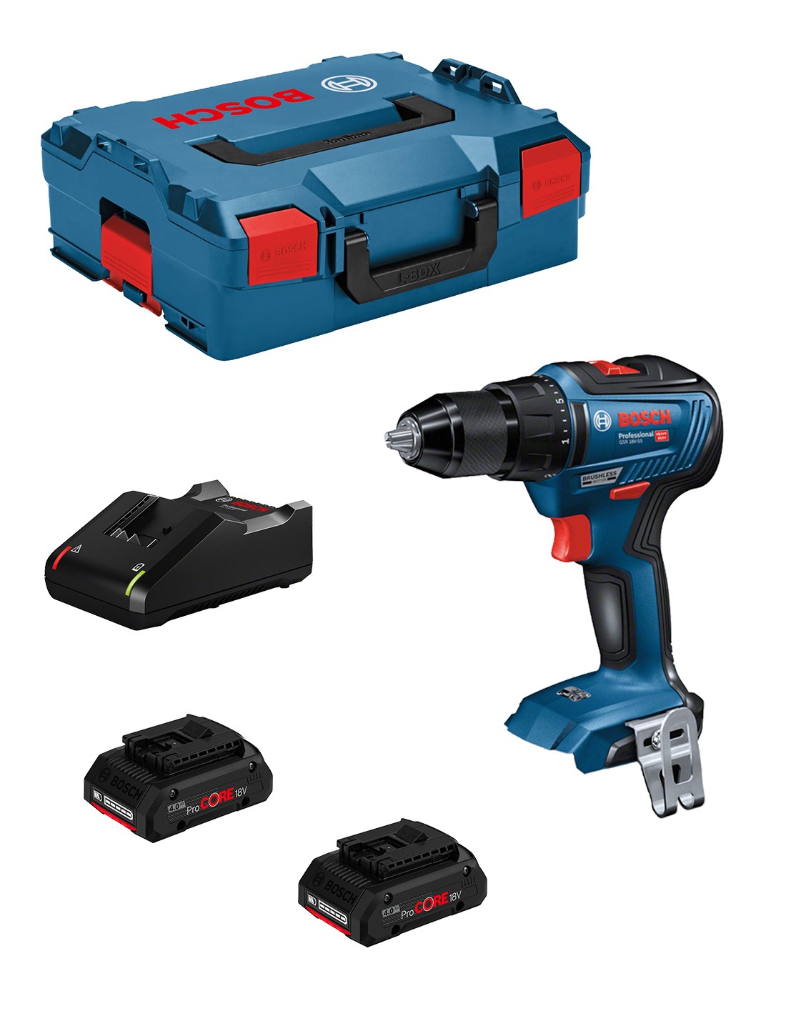 Taladro Atornillador BOSCH GSR 18V-55 (2 x 4,0 Ah ProCORE + GAL18V-40 + L-Boxx 136)