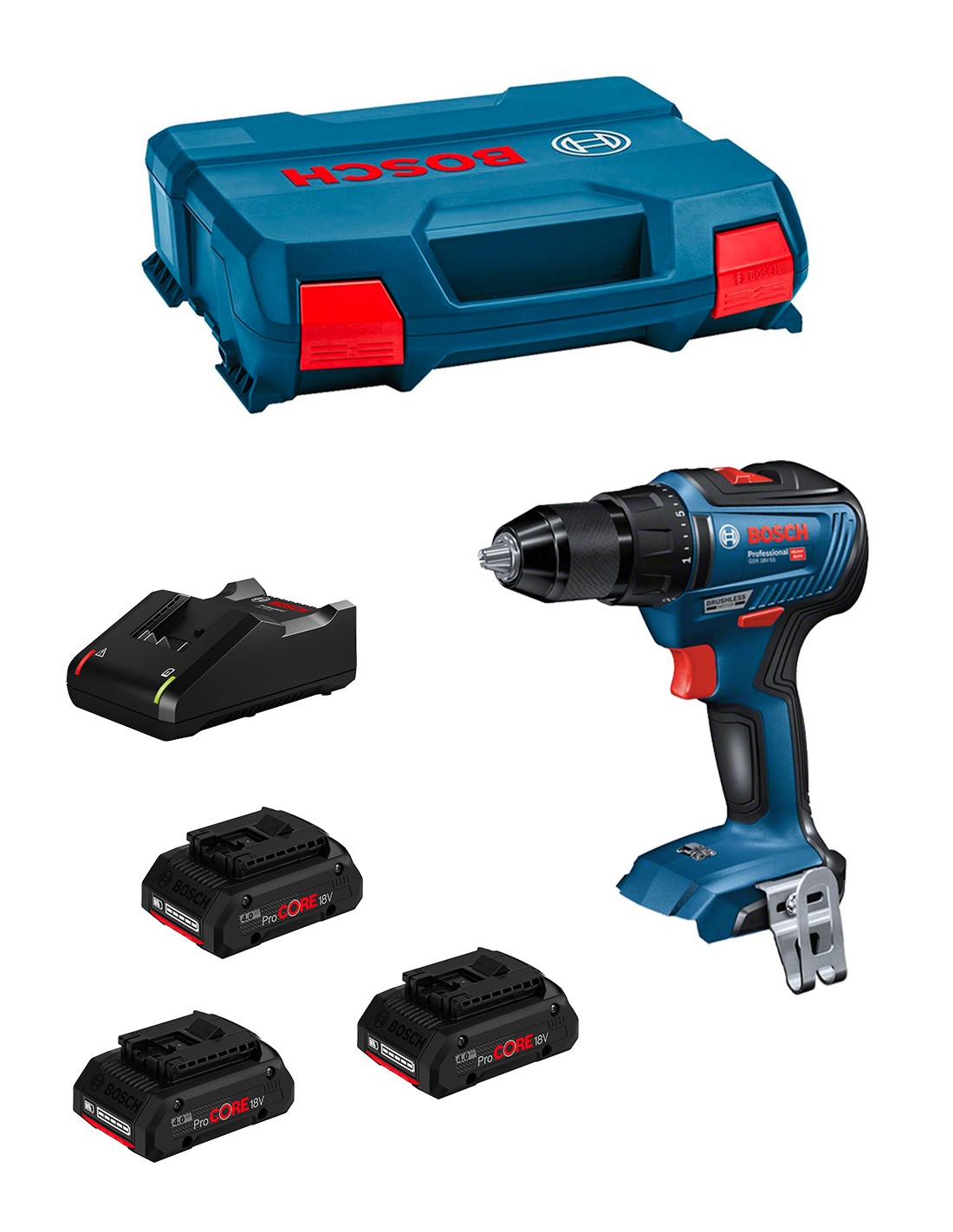 Taladro Atornillador BOSCH GSR 18V-55 (3 x 4,0 Ah ProCORE + GAL18V-40 + L-Case)