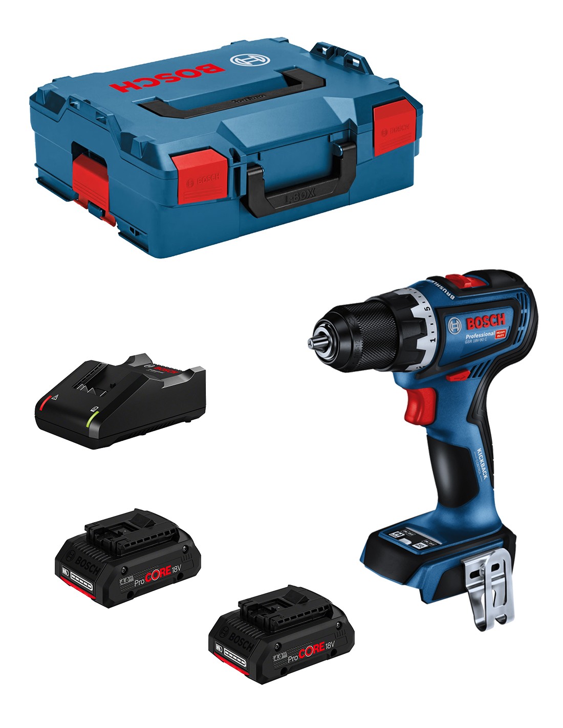 Taladro Atornillador BOSCH GSR 18V-90 C (2 x 4,0 Ah ProCORE + GAL18V-40 + L-Boxx 136)