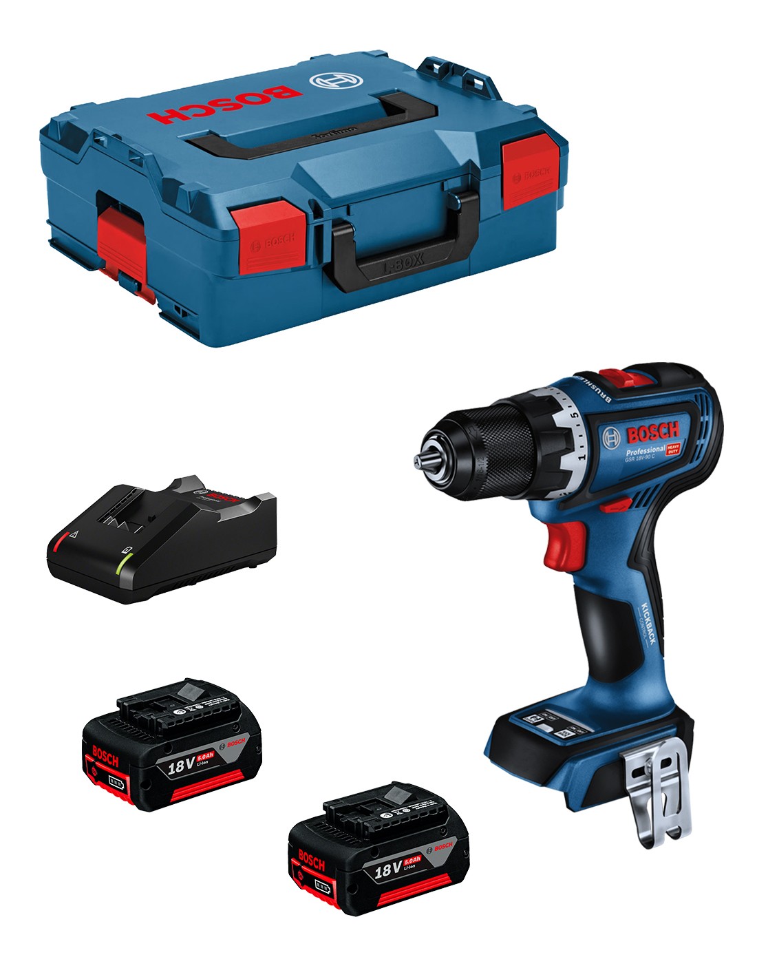 Taladro Atornillador BOSCH GSR 18V-90 C (2 x 5,0 Ah + GAL18V-40 + L-Boxx 136)