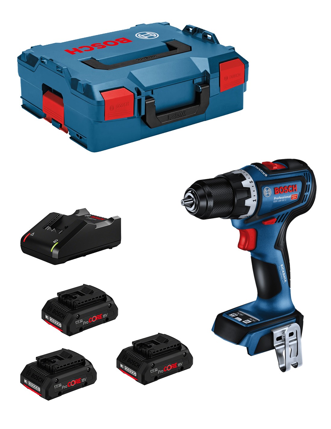 Taladro Atornillador BOSCH GSR 18V-90 C (3 x 4,0 Ah ProCORE + GAL18V-40 + L-Boxx 136)