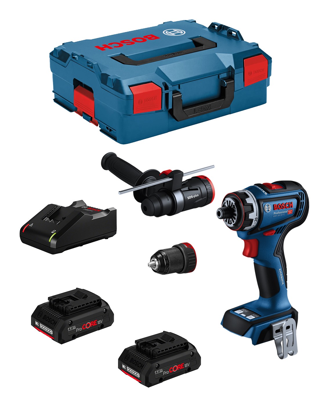 Taladro Atornillador BOSCH GSR 18V-90 FC (2 x 4,0 Ah ProCORE + GAL18V-40 + L-Boxx 136 + 2 cabezales)