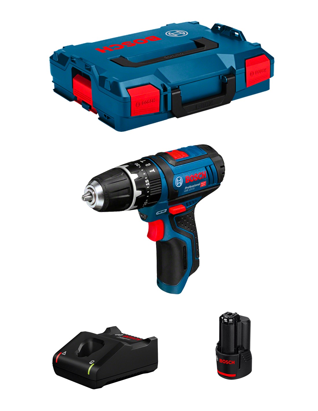 Taladro Percutor BOSCH GSB 12V-15 (1 x 3,0 Ah + GAL12V-40 + L-Boxx 102)