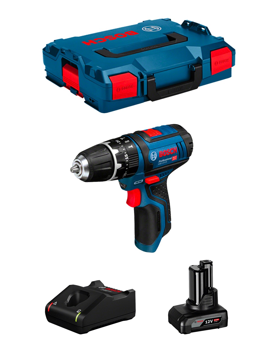 Taladro Percutor BOSCH GSB 12V-15 (1 x 6,0 Ah + GAL12V-40 + L-Boxx 102)