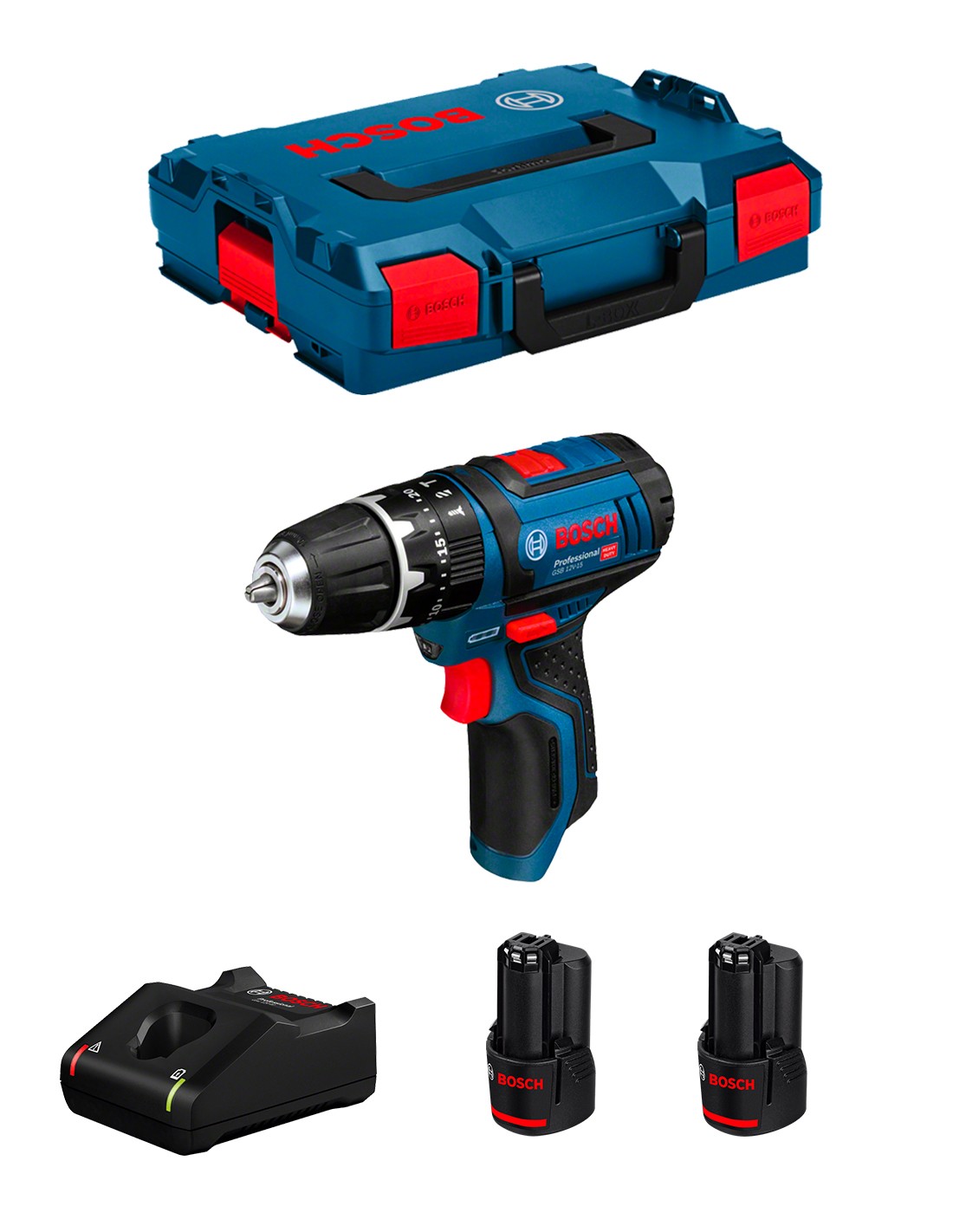 Taladro Percutor BOSCH GSB 12V-15 (2 x 2,0 Ah + GAL12V-40 + L-Boxx 102)