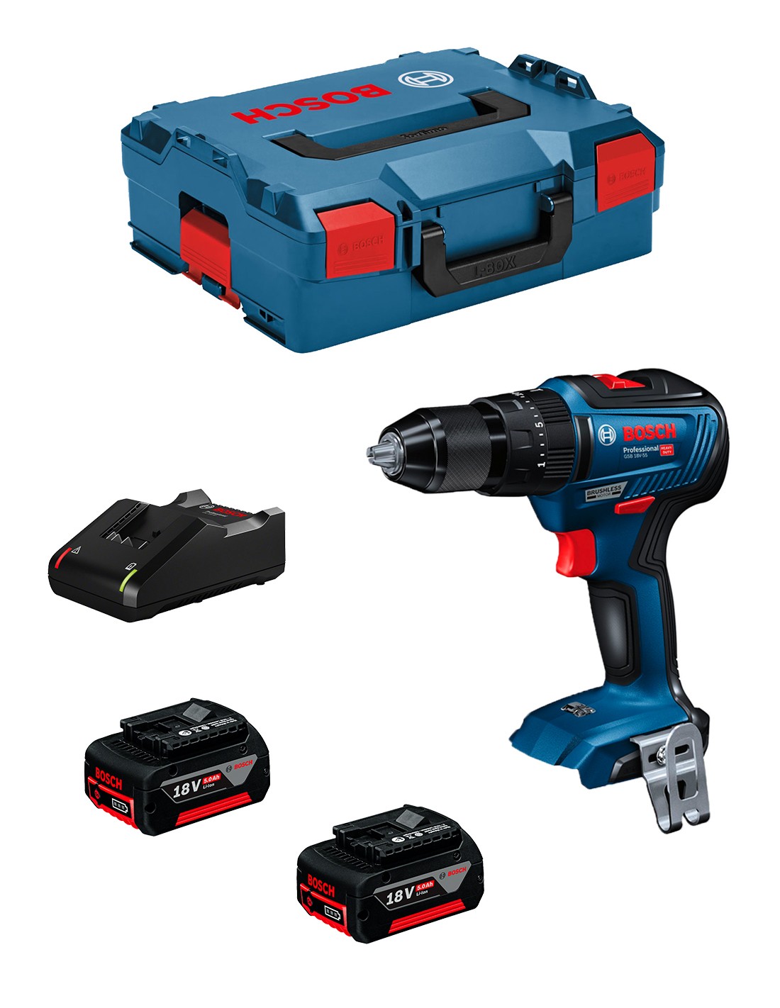 Taladro Percutor BOSCH GSB 18V-55 (2 x 5,0 Ah + GAL 18V-40 + L-Boxx 136)