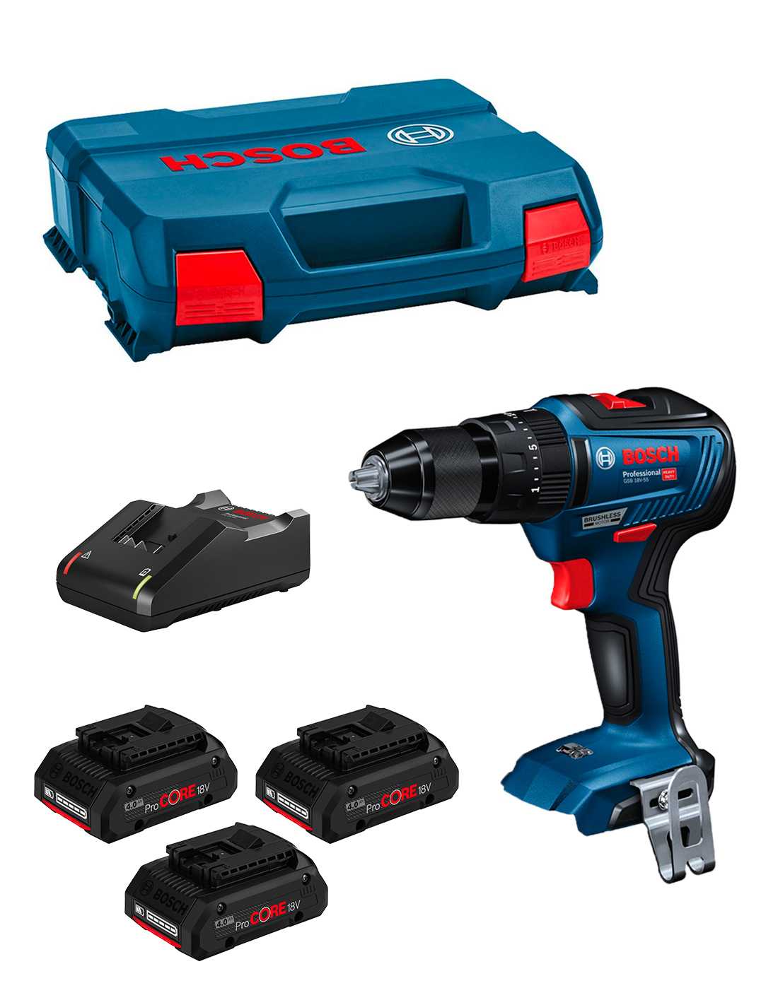 Taladro Percutor BOSCH GSB 18V-55 (3 x 4,0 Ah ProCORE + GAL 18V-40 + L-Case)