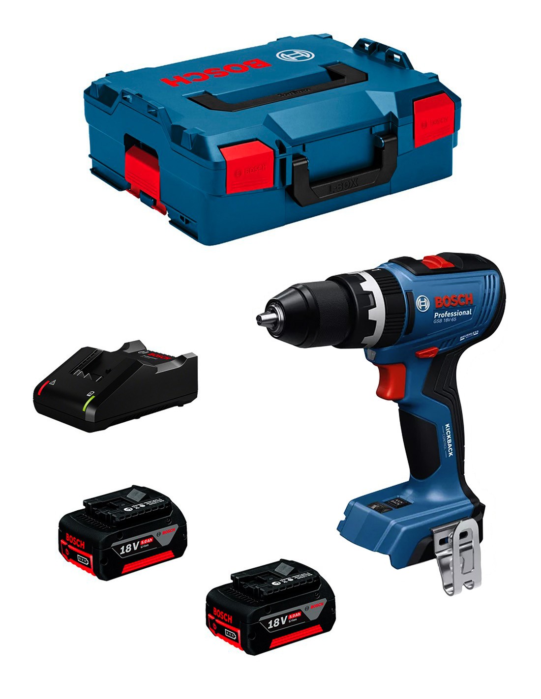 BOSCH GSB 18V-65 (2 x 5,0 Ah + GAL18V-40 + L-Boxx