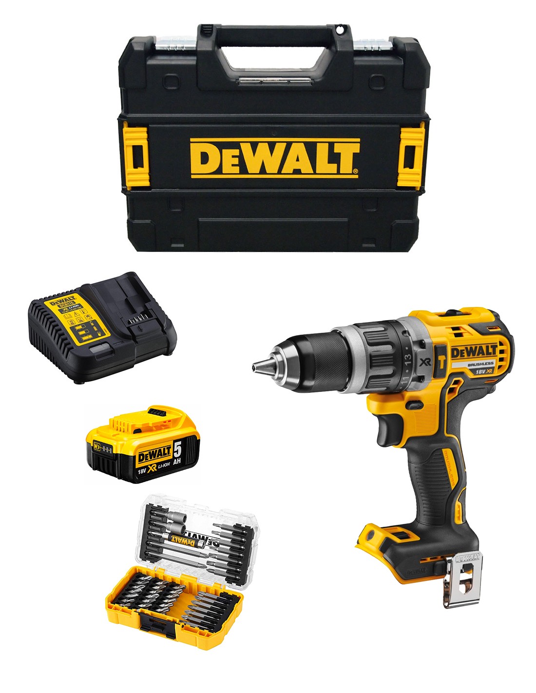 Taladro Percutor DeWALT DCD796P1T (1 x 5,0 Ah + DCB115 + TSTAK II) + Juego de 40 puntas