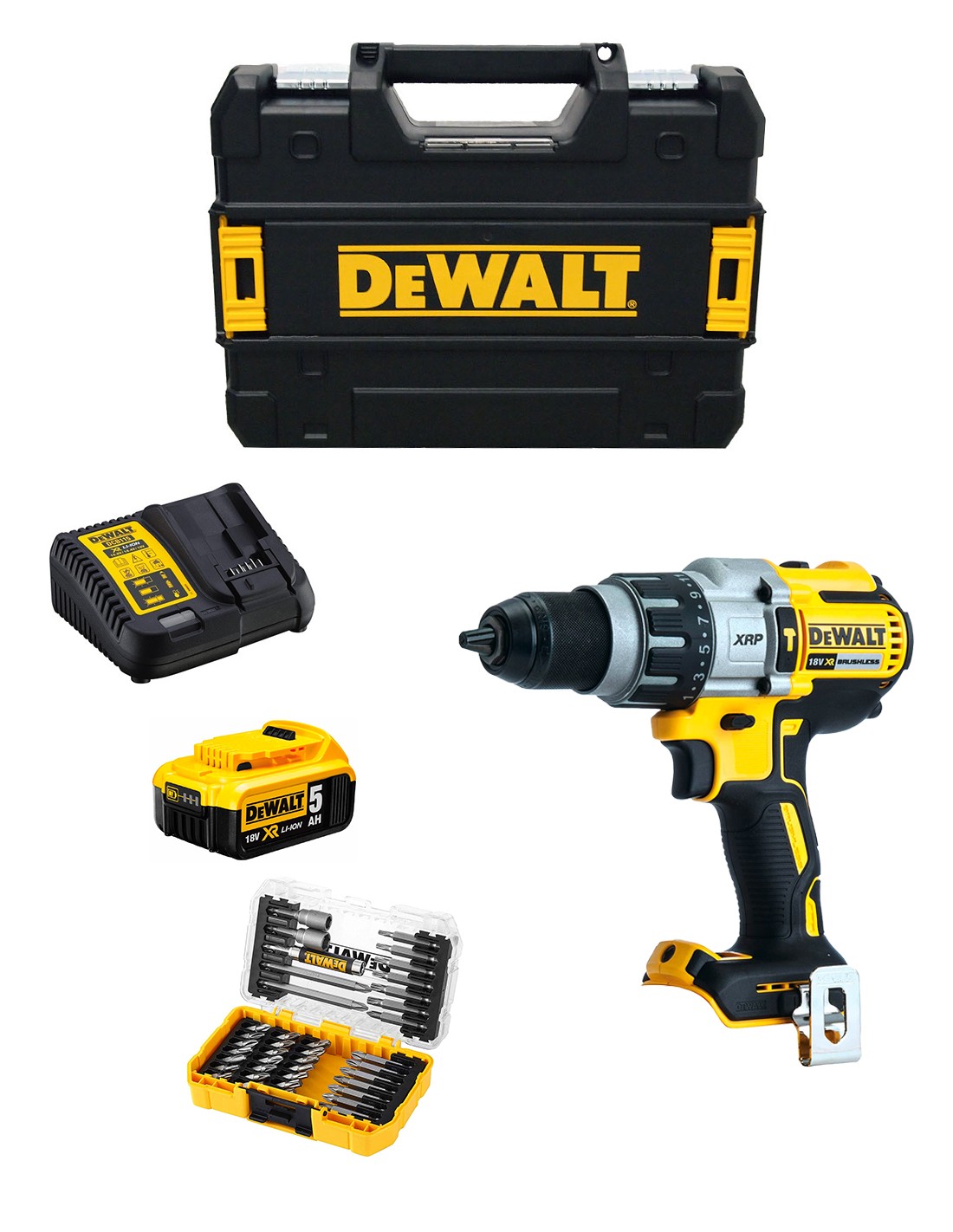 Taladro Percutor DeWALT DCD996P1T (1 x 5,0 Ah + DCB115 + TSTAK II) + Juego de 40 puntas
