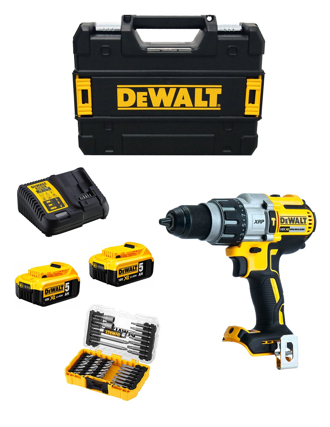 Taladro Percutor DeWALT DCD996P2T (2 x 5,0 Ah + DCB115 + TSTAK II) + Juego de 40 puntas