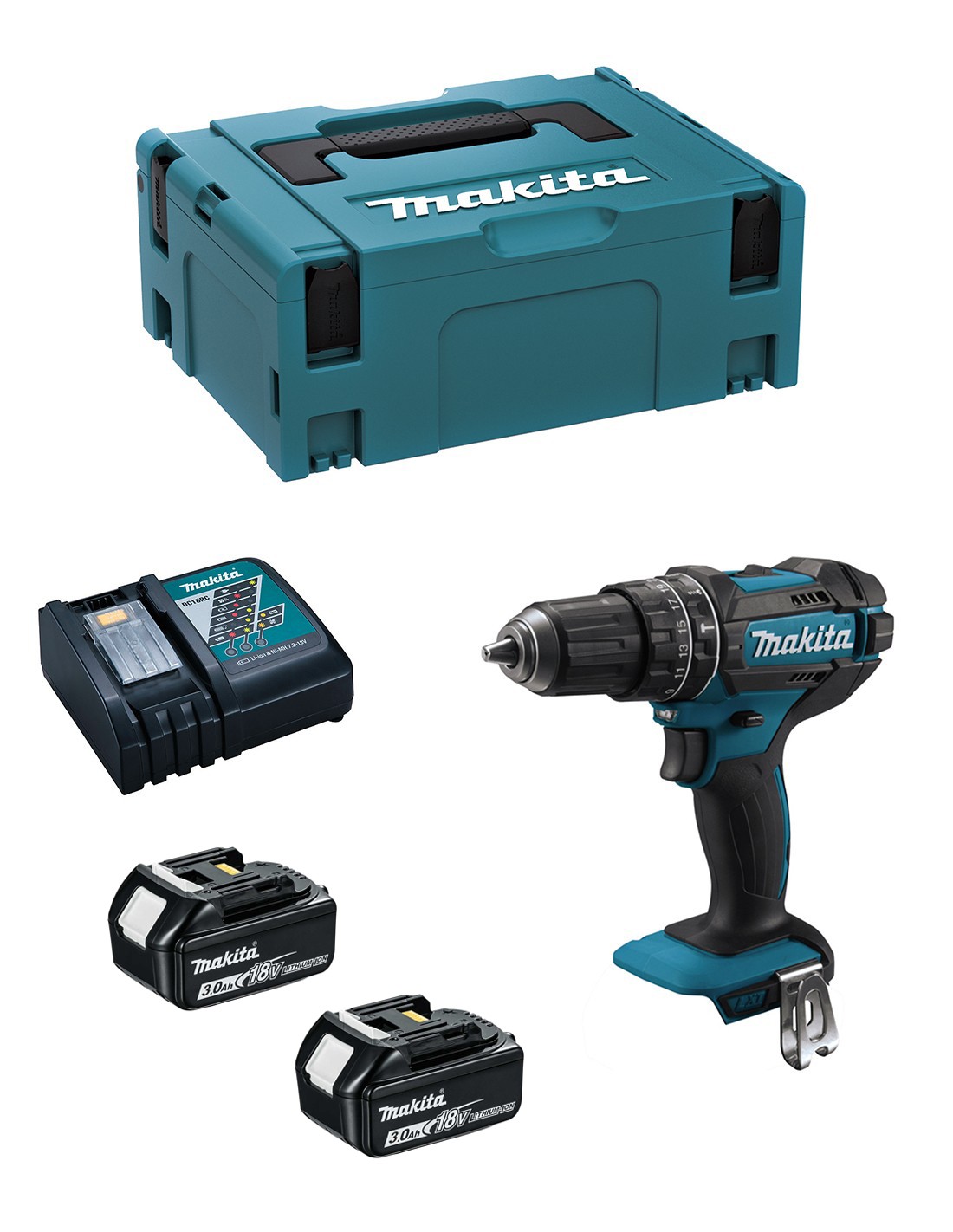 Taladro Percutor MAKITA DHP482RFJ (2 x 3,0Ah + DC18RC + MAKPAC 2)