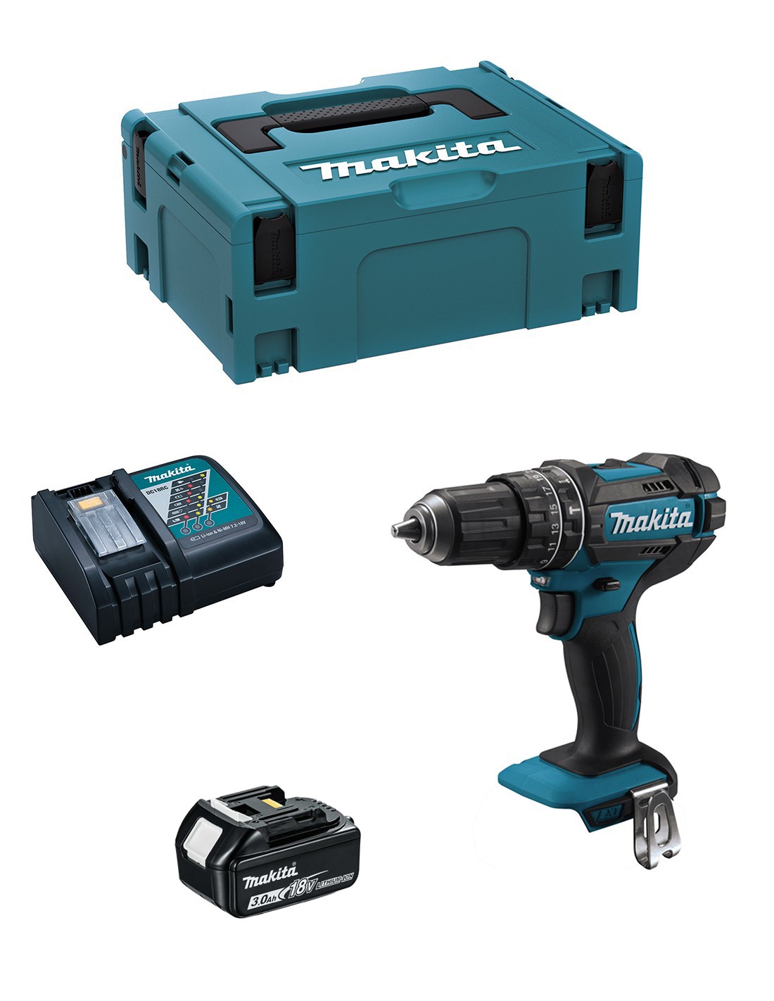Taladro Percutor MAKITA DHP482RFJ1 (1 x 3,0Ah + DC18RC + MAKPAC 2)