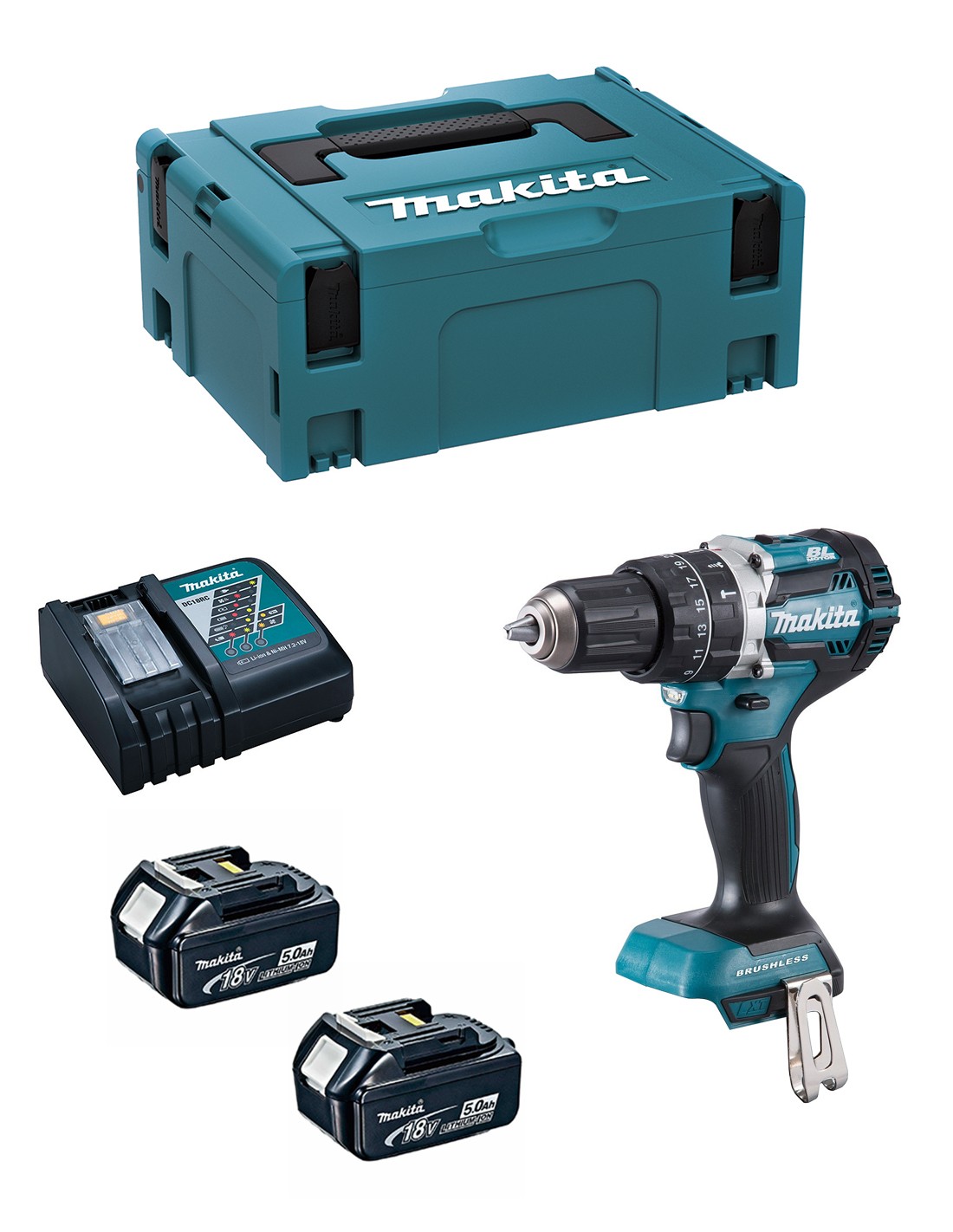 Taladro Percutor MAKITA DHP484RTJ (2 x 5,0 Ah + DC18RC + MAKPAC 2)