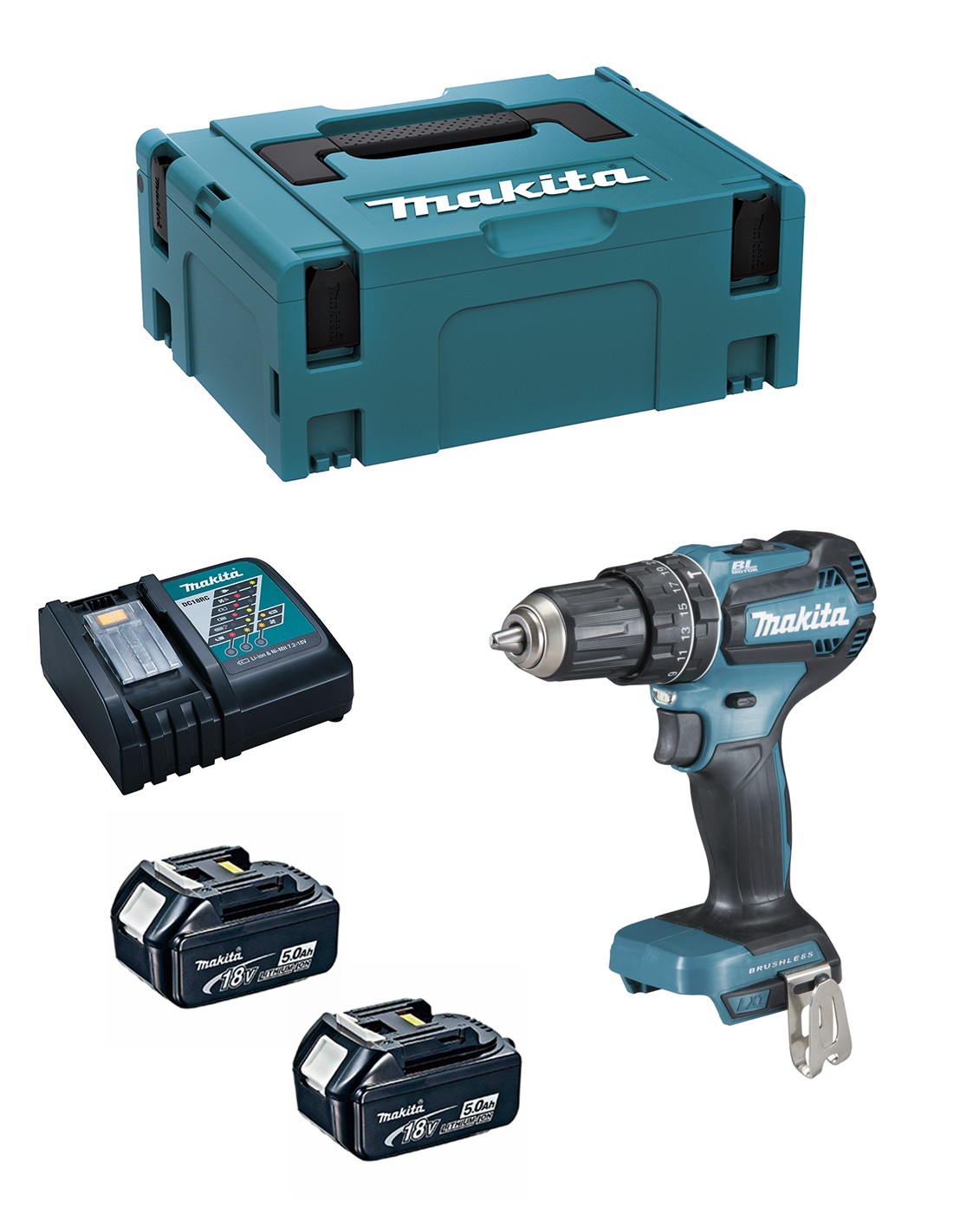 Taladro Percutor MAKITA DHP485RTJ (2 x 5,0 Ah + DC18RC + MAKPAC 2)