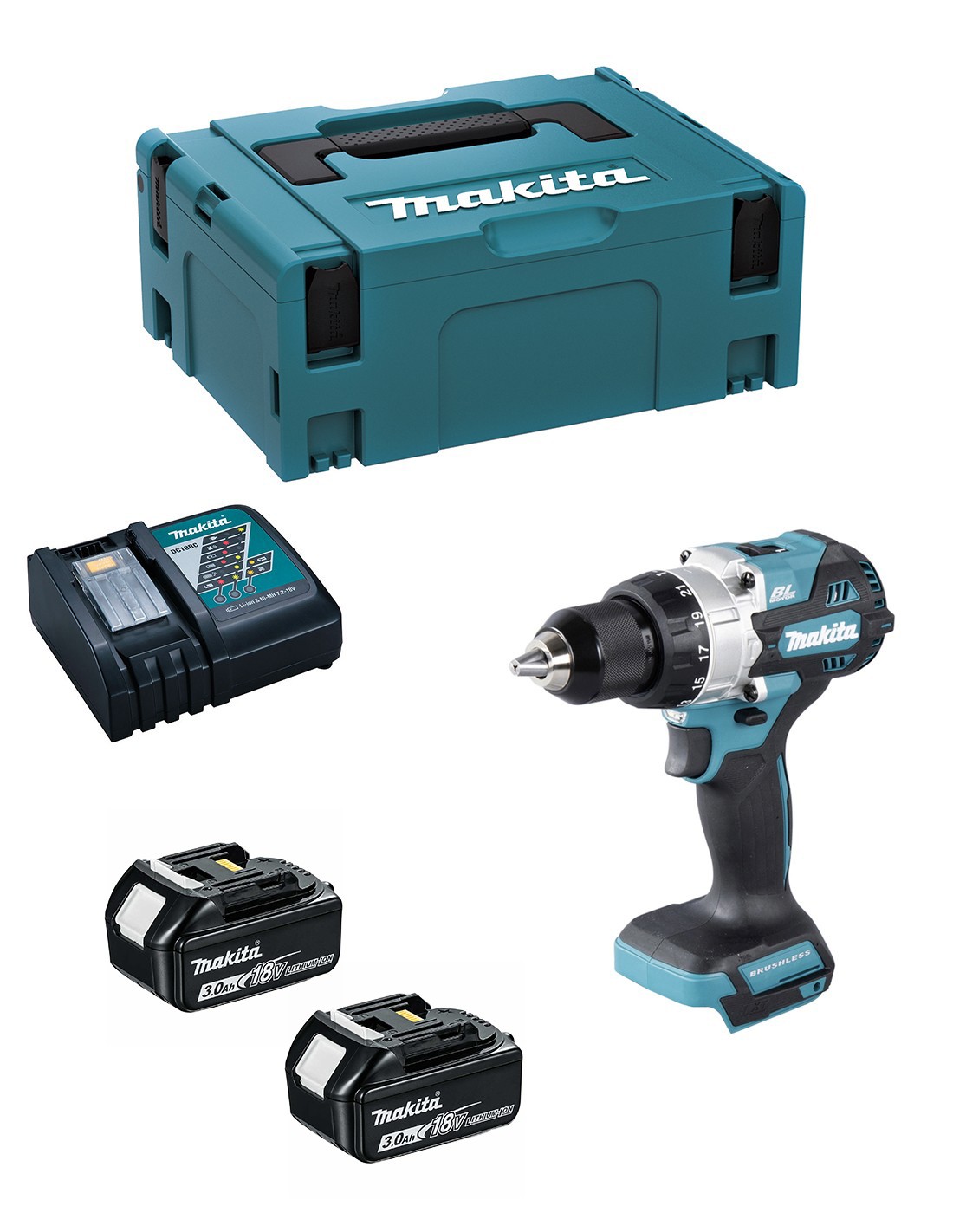 Taladro Percutor MAKITA DHP486RFJ (2 x 3,0 Ah + DC18RC + MAKPAC 2)