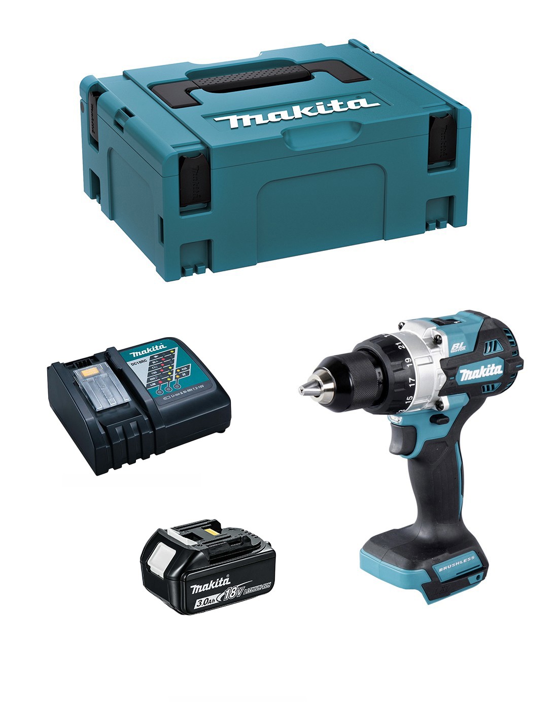 Taladro Percutor MAKITA DHP486RFJ1 (1 x 3,0 Ah + DC18RC + MAKPAC 2)