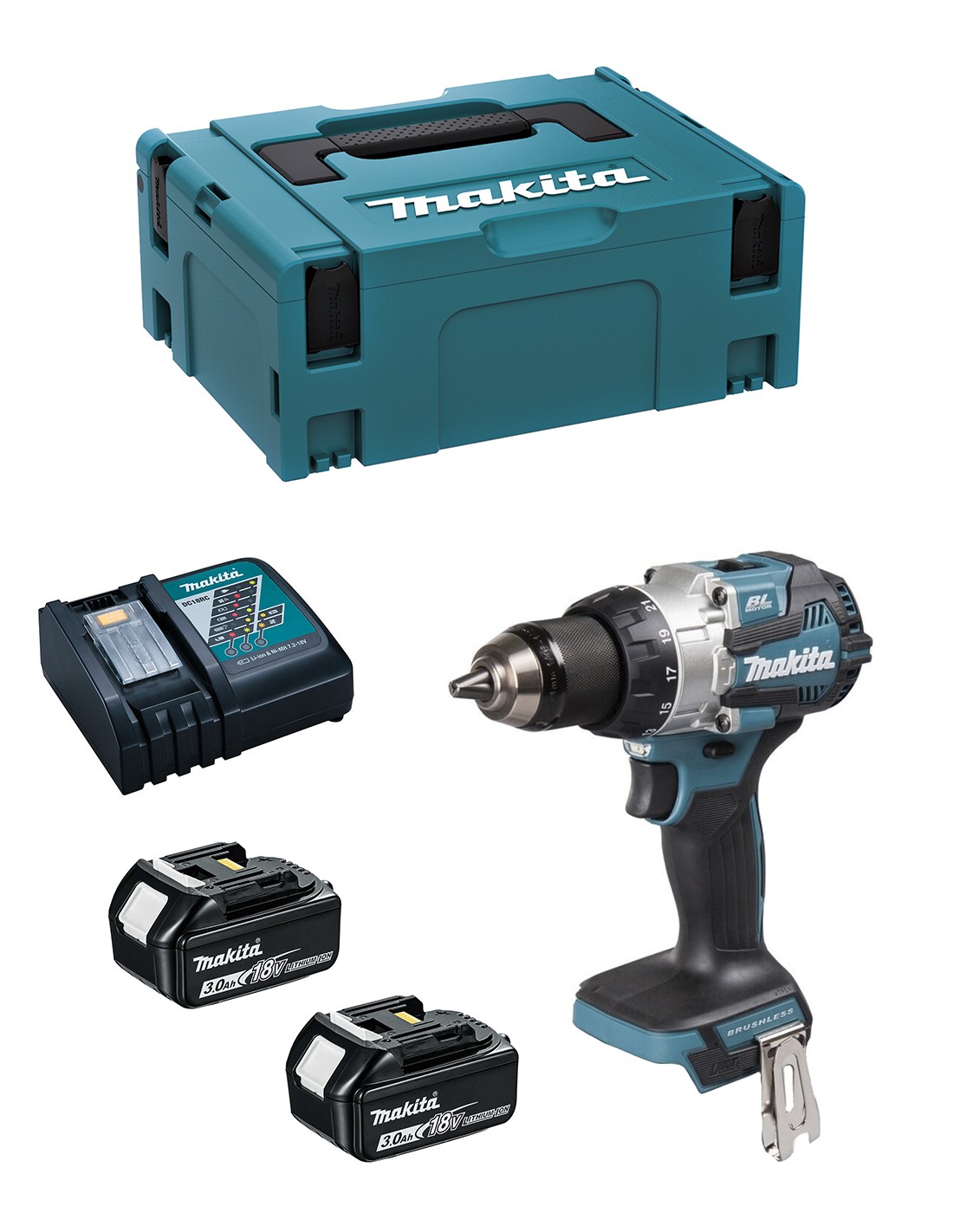 Taladro Percutor MAKITA DHP492RFJ (2 x 3,0Ah + DC18RC + MAKPAC 2)
