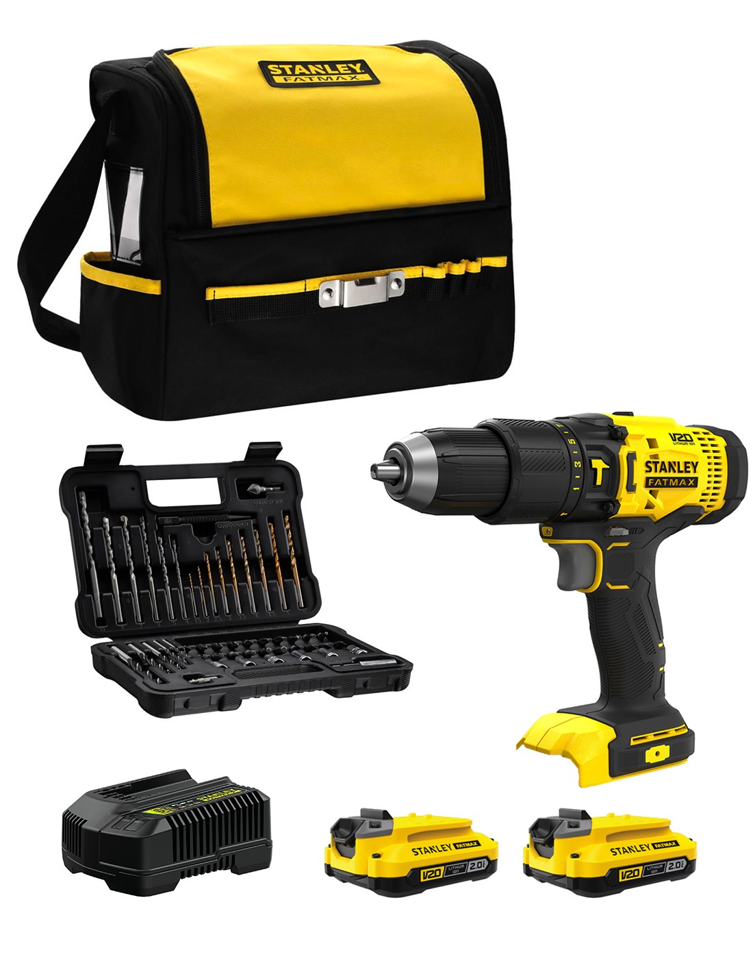 Taladro Percutor STANLEY FatMax SFMCD711DSA (2 x 2,0 Ah + Cargador + Bolsa + Set de 50 accesorios)