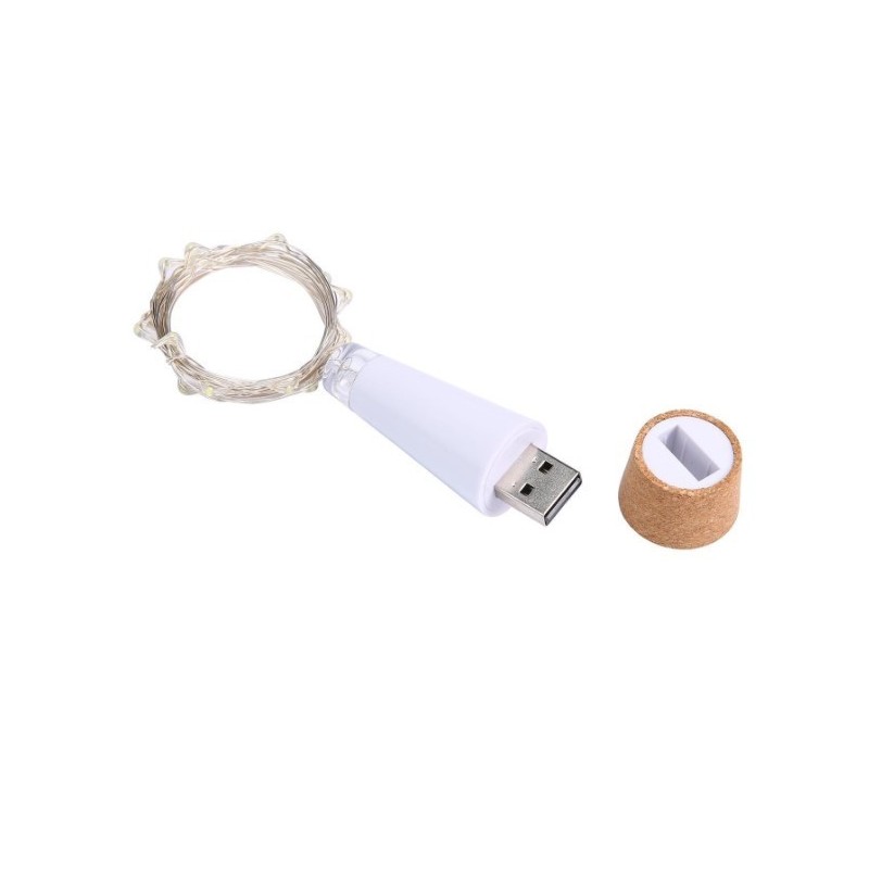 Tapón botella 20 leds USB  Recargable con guirnalda led 2 metros blanco cálido 3000K X 2 piezas