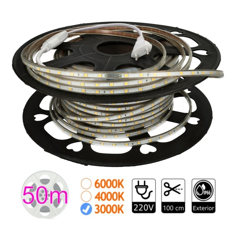Tira de led 220V 3000K exterior 10w metro bobina 50 metros