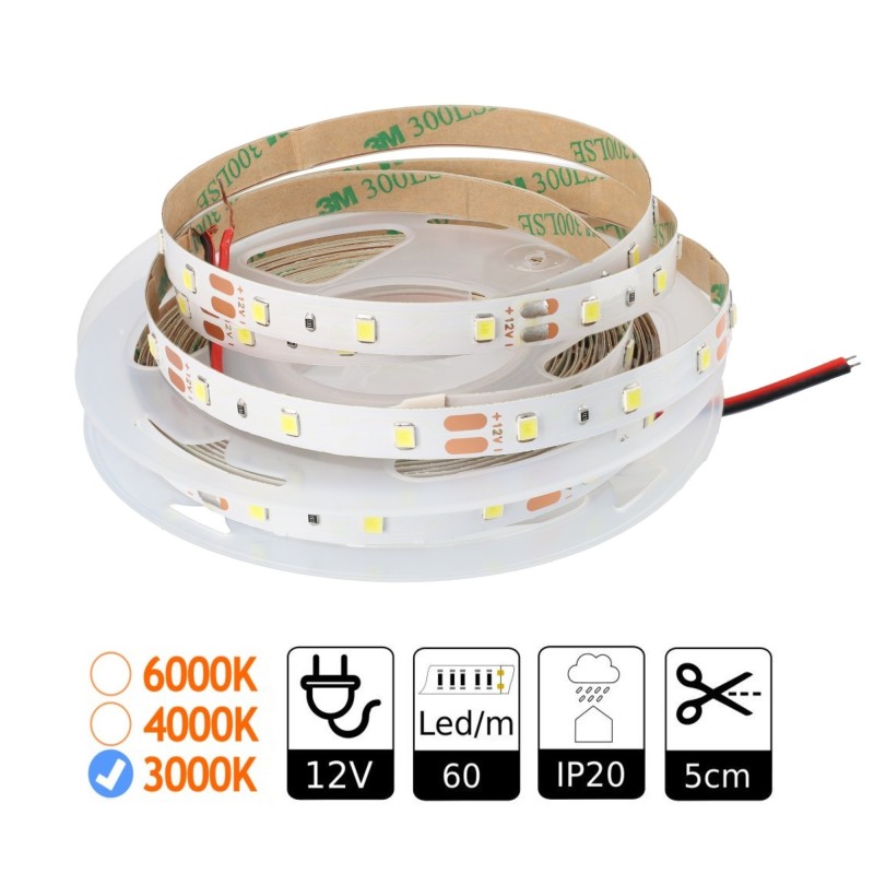Tira led 12V 3000K 60leds IP20 SMD2835 Bobina 5 m