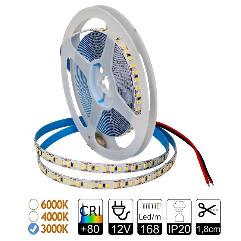 Tira led 12V 3000ºK 168led/m 14,4W/m Corte 18mm PCB 8mm IP20
