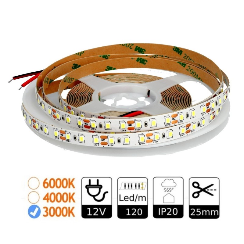 Tira led 12V 3000K 120 leds/metro interior IP20 SMD2835 Bobina 5 mts