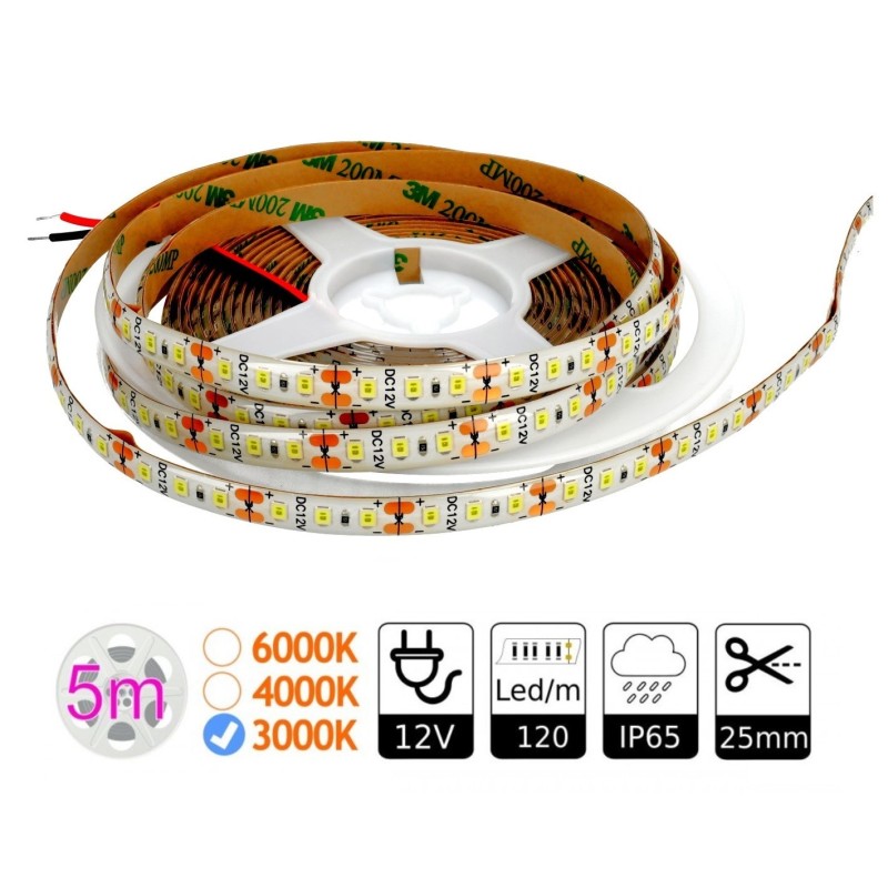 Tira led 12V 3000K exterior IP65 120 leds metro SMD2835 Bobina 5 mts
